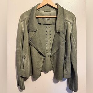 Marrakech Anthropologie Halen Green Moto Jacket Silver Studs City Boho Sz Large